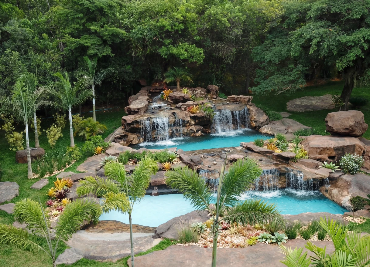 Cascatas gêmeas caindo sobre piscinas azuis entre pedras