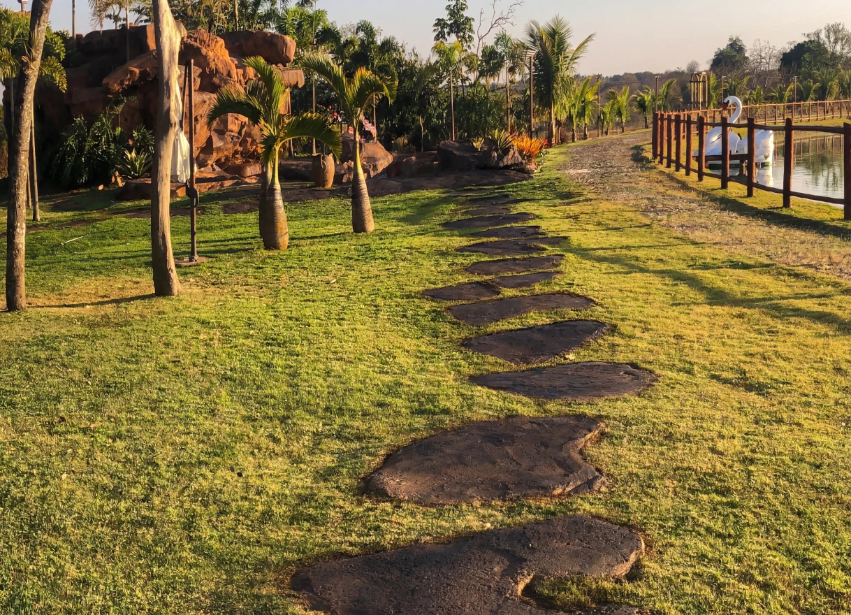Caminho de pedras em gramado de projeto paisagístico